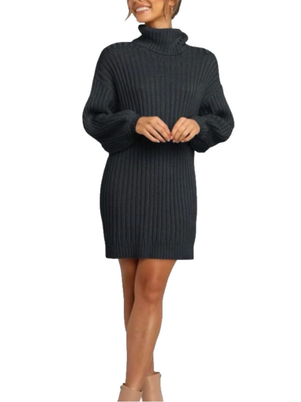 Anrabess Turtleneck Oversized Pullover Sweater Dress Tunic Black size L